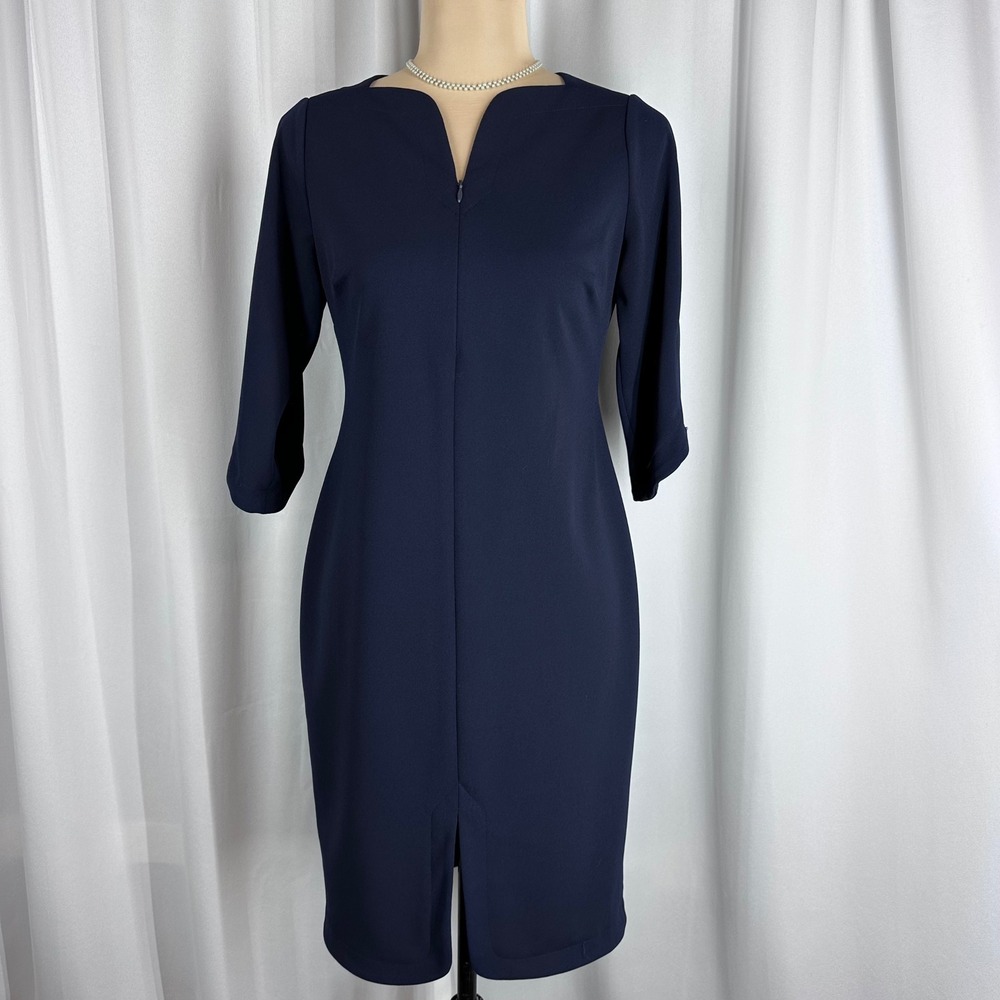 Calvin Klein Navy Blue Notched Neck Sheath Dress 6P Petite Zip Sleeve & Neckline
